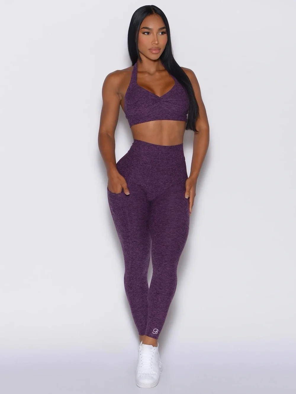 Bombshell Sportswear Purple Passion V Back Leggings & Backless Halter Bra Set
